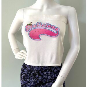 Vintage Y2k Pink Strawberry "Delicious" Tube Top White Cropped Strapless Top 1X